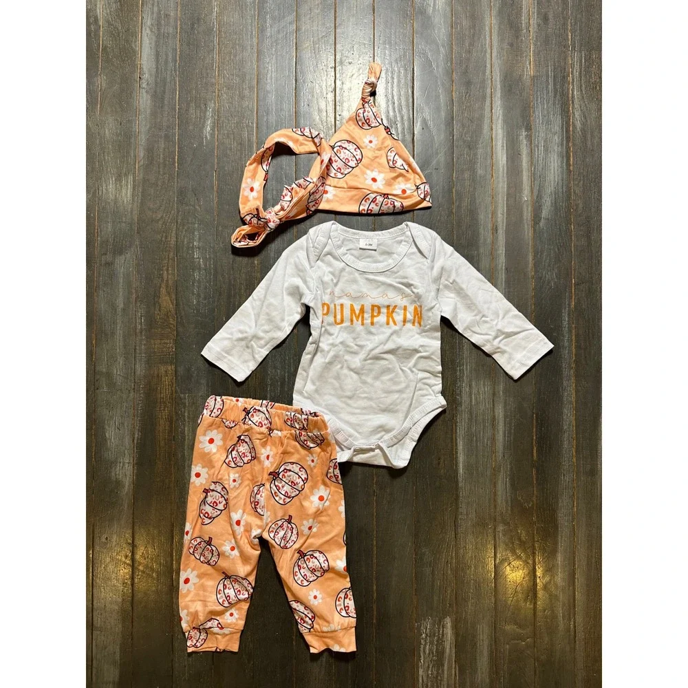 Mamas Pumpkin 4pc Baby Outfit Set Bodysuit Joggers Hat Headband